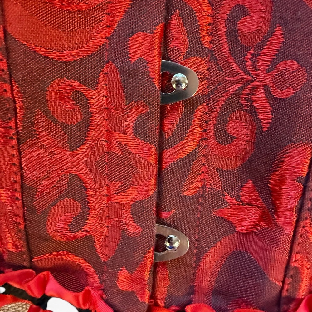 Red Brocade Strapless Corset Bustier with Ribbon Trim - Picture 9 of 11